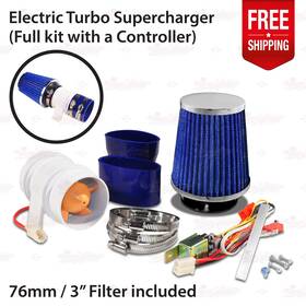 Autoxpress Motors Group Awwfscr-a-elwhi-nwbws-5081335 12v Car Electric Turbo Supercharger Air Intake Fan Kit Narrow Filter Blue Silver