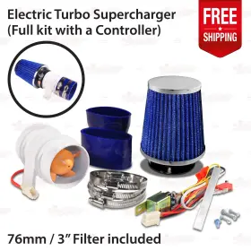 Awwfscr-a-elwhi-nwbws-5081335 Autoxpress Motors Group 12v Car Electric Turbo Supercharger Air Intake Fan Kit Narrow Filter Blue Silver