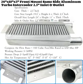 My-srq34 My-carparts Universal Aluminum Intercooler Turbo Front Mount 2.5 Inch Inlet&outlet Same One Side